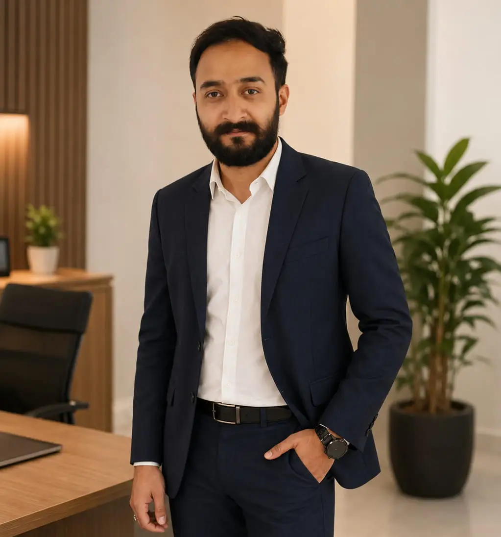 Keval V - Web Design Company & Digital Marketing Agency In Malaysia Man in a navy suit posing in a modern office, with one hand in his pocket and a watch visible at the wrist.